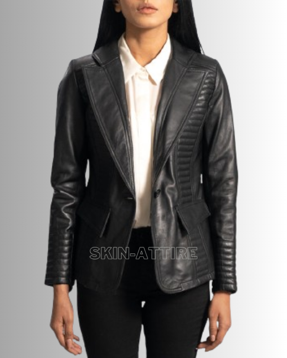 Black Pleated Quilted Women's Leather Blazer