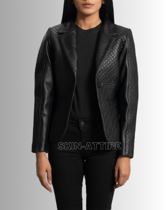 Black Quilted Women Leather Blazer Snaky Design