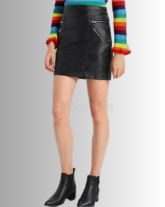 Lizzy Zip Design Black Leather Skirt