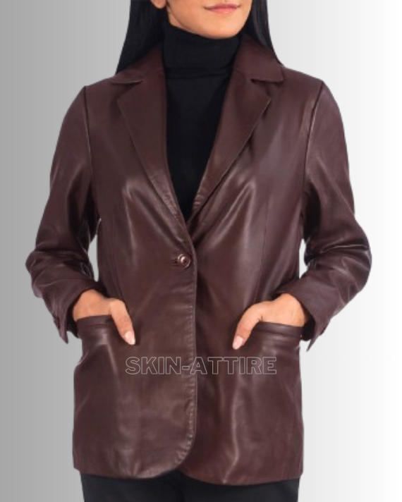 Maroon Women Leather Blazer