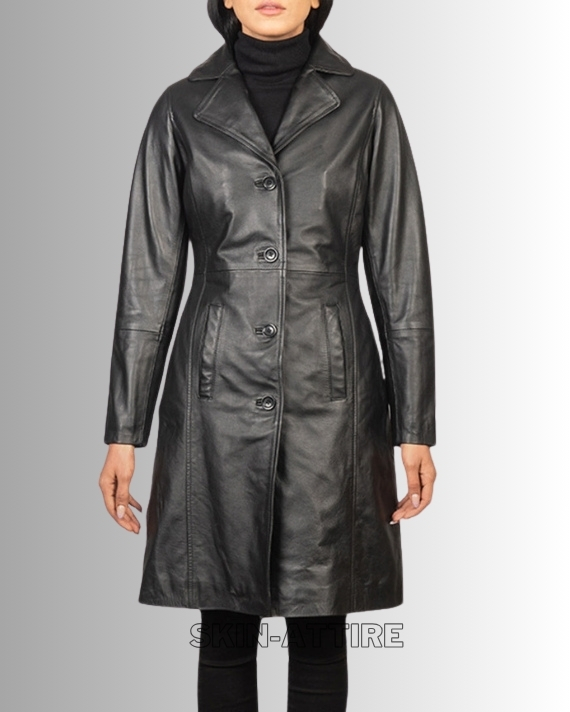 Black Single-Breasted Leather Coat | Stylish & Classic