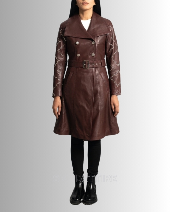 Maroon Leather Trench Coat | Chic & Sophisticated