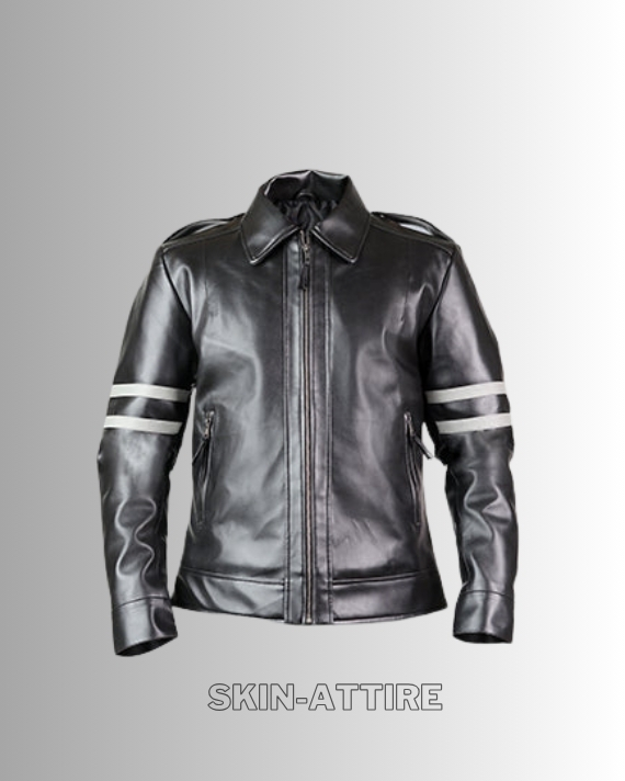 Black Leather Biker Jacket with Grey Arm Bands