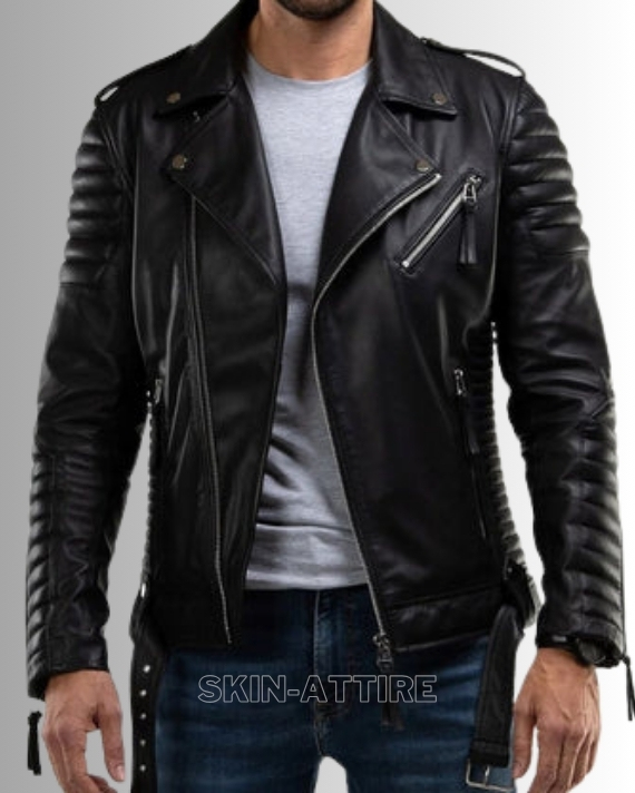 Real Lamb Leather Brando Biker Jacket with Quilted Panels