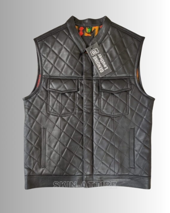 Men's Leather Vest with Quilted Diamond Design