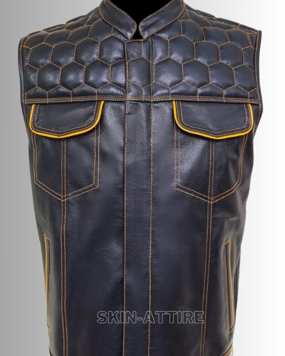 Men's Leather Vest with Honeycomb Quilted Panels