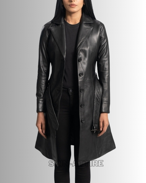 Black Leather Trench Coat | Elegant & Modern